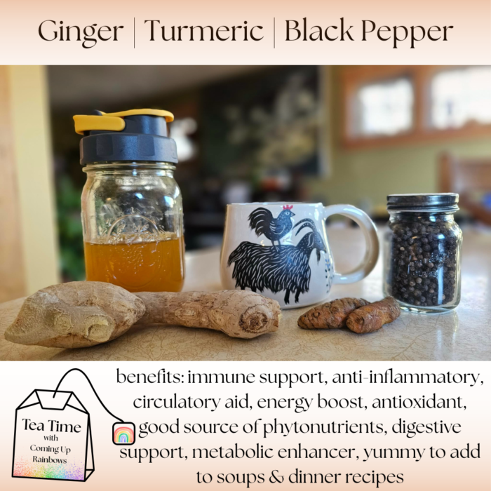 ginger root, turmeric and black pepper and a tea cup